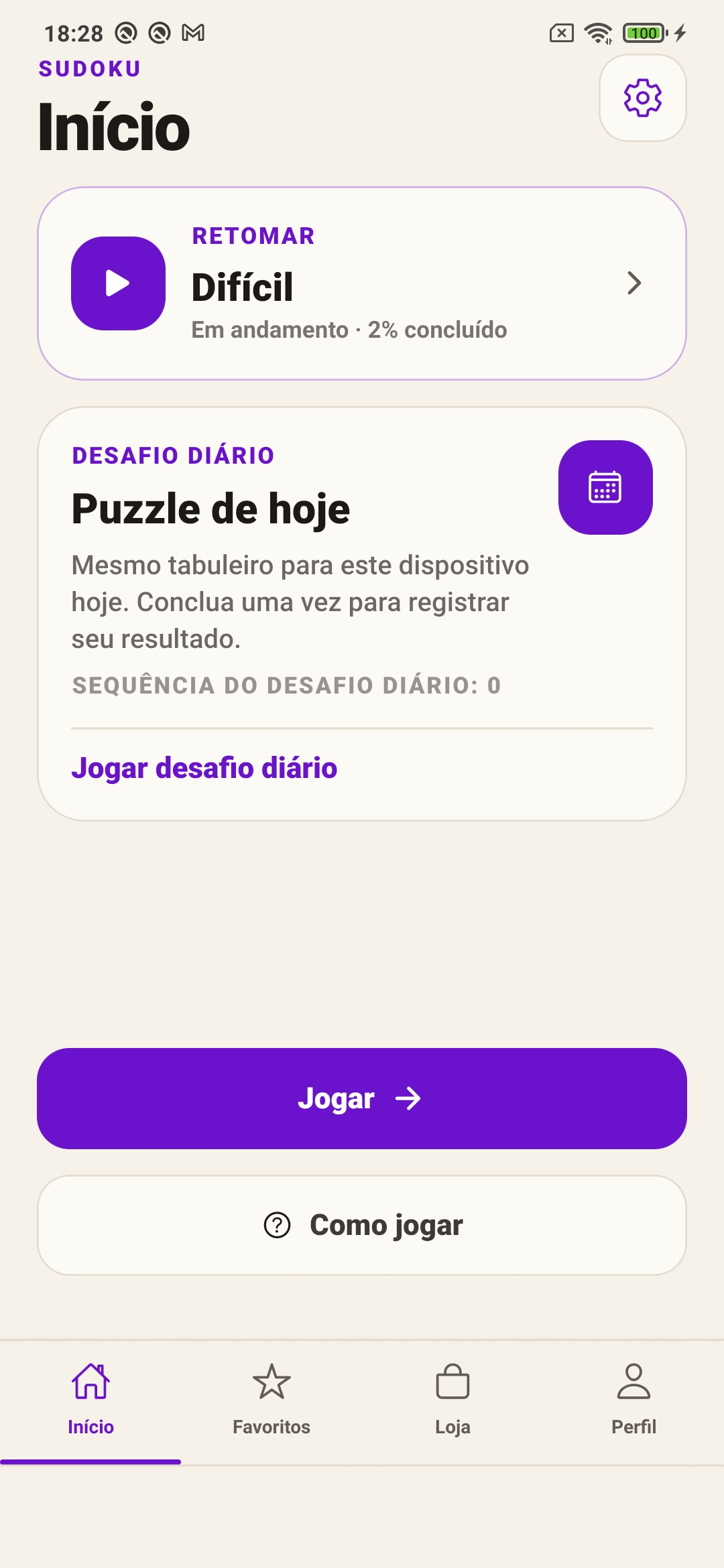 Tela inicial do Daily Sudoku com ações para continuar, novo jogo, desafio diário e estatísticas.